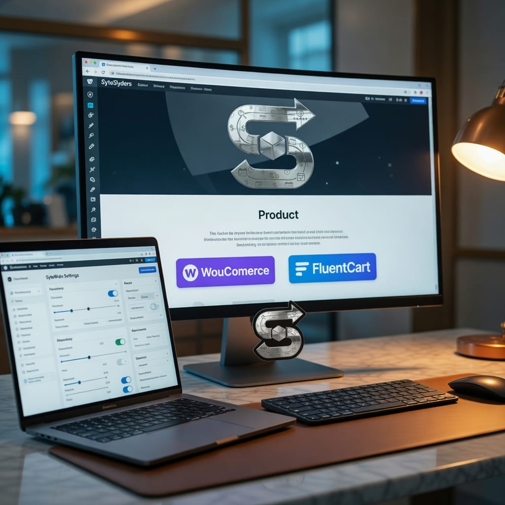 A desktop monitor and a laptop display a software dashboard and settings page on a tidy office desk with a lamp, keyboard, and mouse.